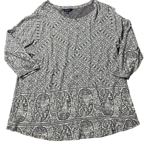 Lucky Brand 1X Boho Paisley Medallion Long Sleeve Top Gray Ivory Plus - Picture 1 of 8